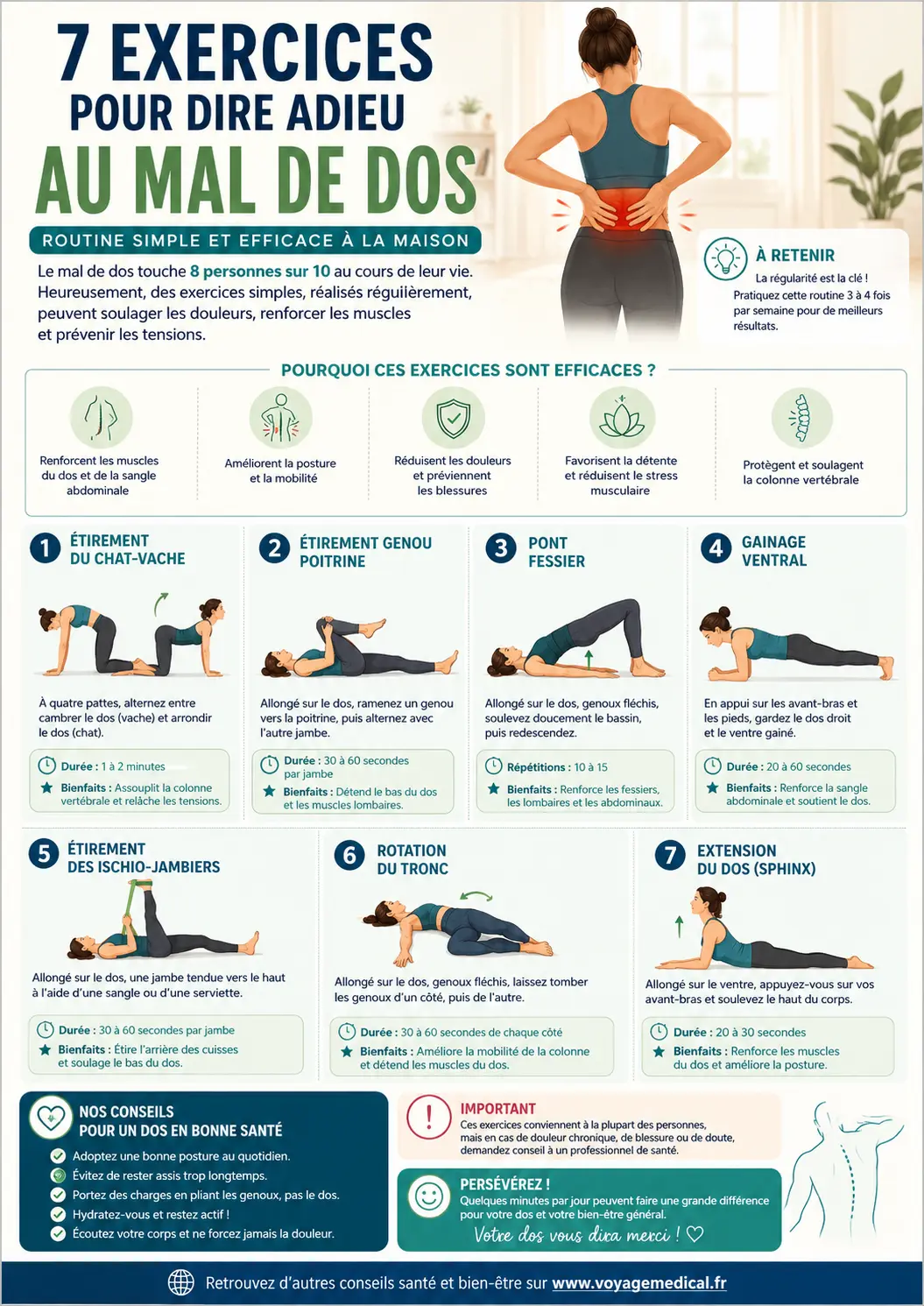 7 exercices pour dire adieu au mal de dos - fiche PDF en planche